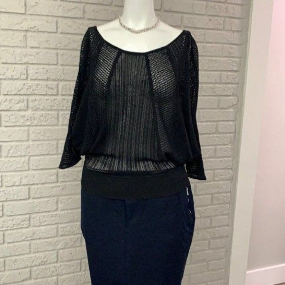 Catherine MaLandrino Women Black Mesh Knit Dolman Sleeve Top Size M